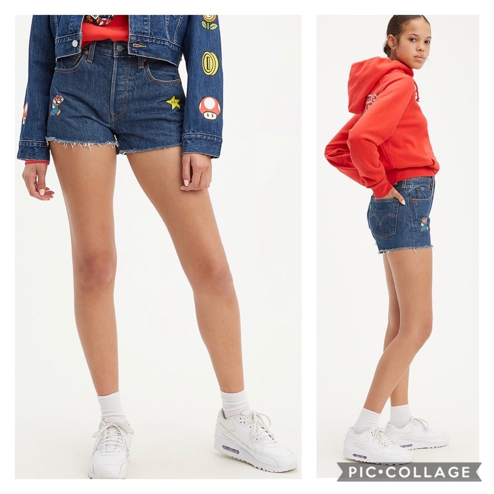 Levi's Dark Blue Denim Shorts with Colorful Embroidered Patches
